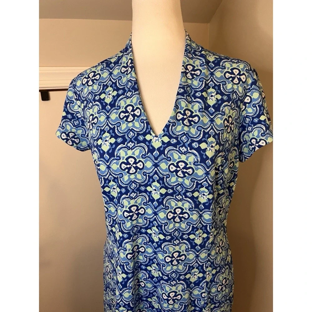 J. McLaughlin Catalina Cloth Blue/White Geometric V-Neck Shift Dress Stretch M